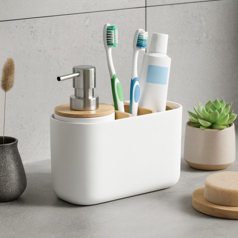 Badeværelsessæt Hvid Bambus Tandbørsteholder og Sæbedispenser 18x9,5x16,5 cm