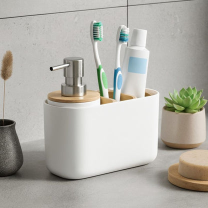 Badeværelsessæt Hvid Bambus Tandbørsteholder og Sæbedispenser 18x9,5x16,5 cm