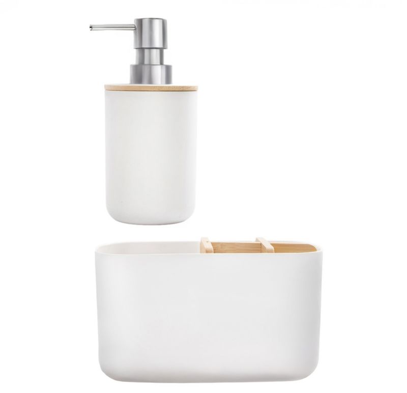 Badeværelsessæt Hvid Bambus Tandbørsteholder og Sæbedispenser 18x9,5x16,5 cm