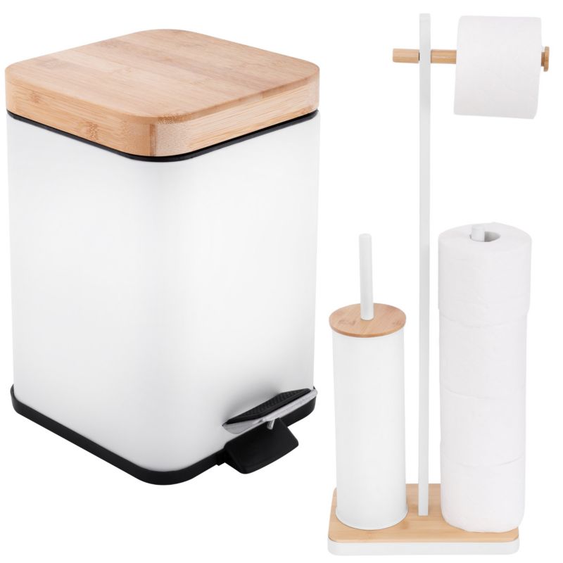 Badeværelsessæt med Stående Toiletrulleholder, Toiletbørste og 3L Pedalspand Hvid/Bambus