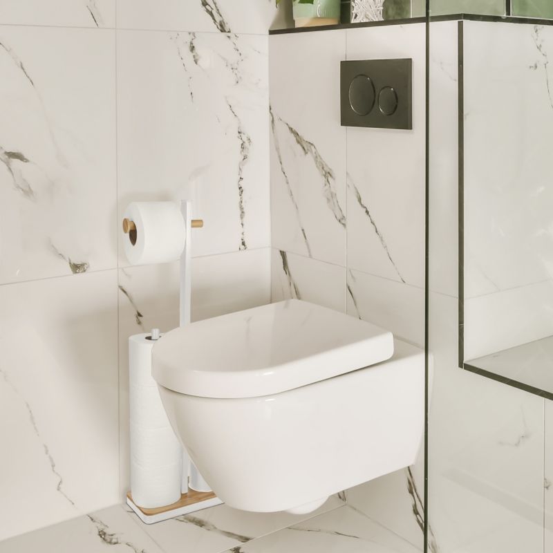 Badeværelsessæt med Stående Toiletrulleholder, Toiletbørste og 3L Pedalspand Hvid/Bambus