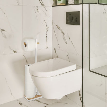 Badeværelsessæt med Stående Toiletrulleholder, Toiletbørste og 3L Pedalspand Hvid/Bambus