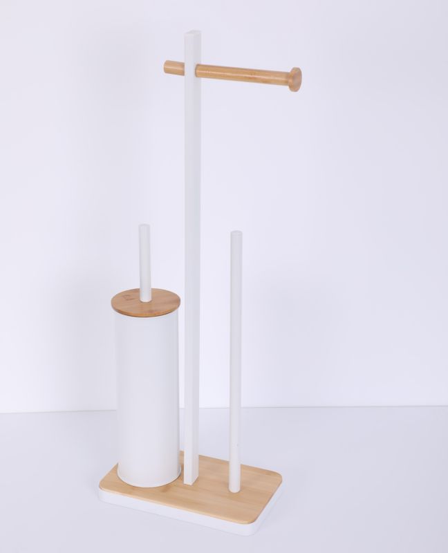 Badeværelsessæt med Stående Toiletrulleholder, Toiletbørste og 3L Pedalspand Hvid/Bambus