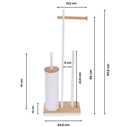 Badeværelsessæt med Stående Toiletrulleholder, Toiletbørste og 3L Pedalspand Hvid/Bambus