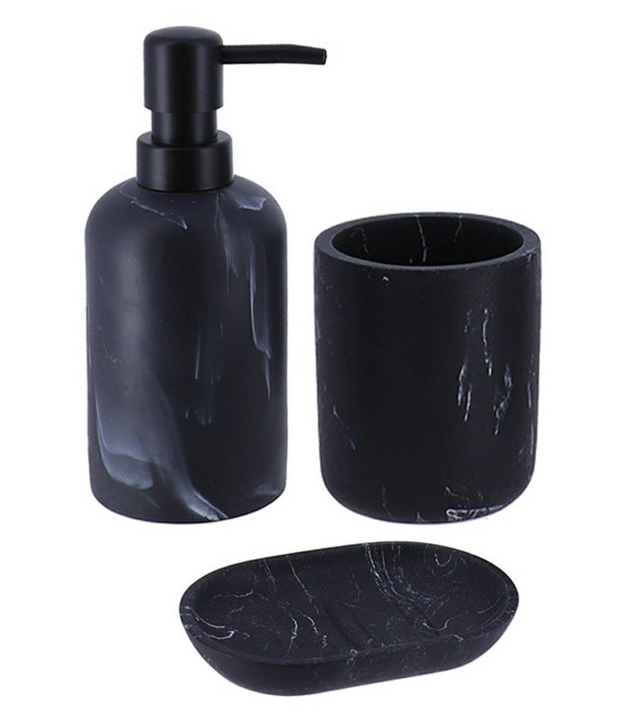 Badeværelsessæt Everist Black Marble Sort Marmor Mat 3 Dele, Dispenser 300 ml