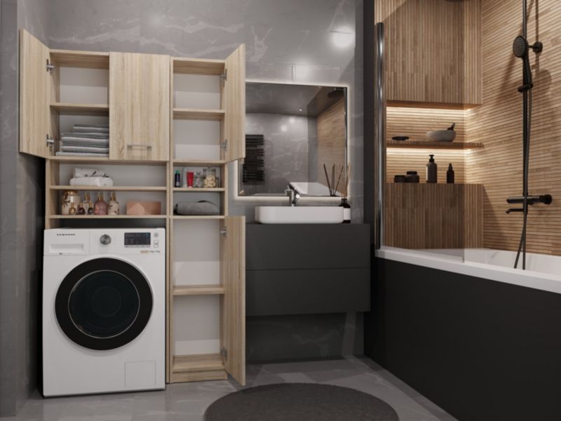 Topeshop Marpol badeværelsessæt reol og skab i Sonoma eg 30 x 96 x 180 cm, 1 stk.