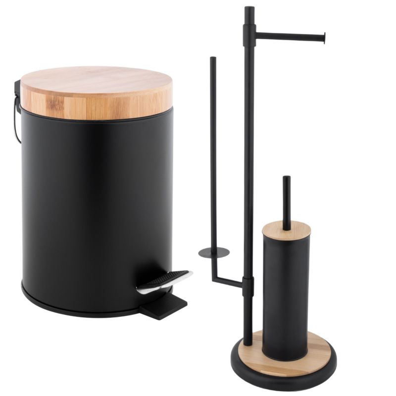 Badeværelsessæt Sort Bambus med Stående Toiletrulleholder og 3L Pedalspand