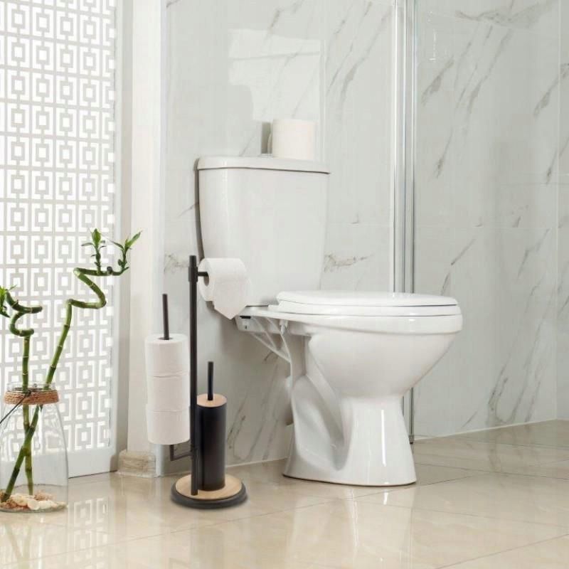 Badeværelsessæt Sort Bambus med Stående Toiletrulleholder og 3L Pedalspand
