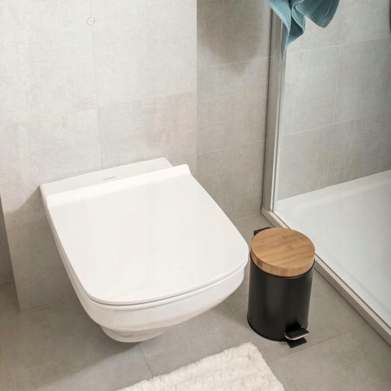 Badeværelsessæt Sort Bambus med Stående Toiletrulleholder og 3L Pedalspand