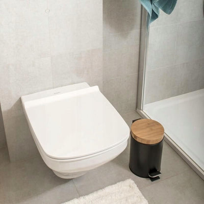Badeværelsessæt Sort Bambus med Stående Toiletrulleholder og 3L Pedalspand