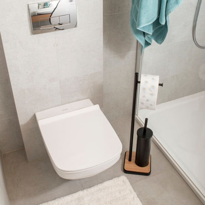 Badeværelsessæt med Pedalspand 3 L og Toiletbørsteholder Sort Mat Bambus