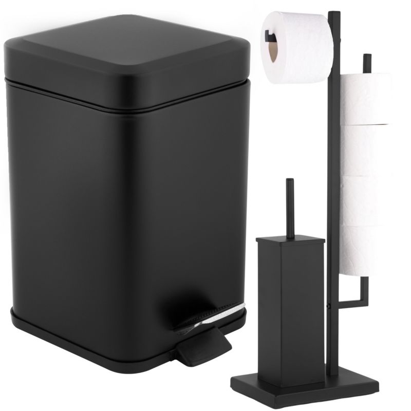 Badeværelsessæt Sort Mat: Affaldsspand 3 L og Toiletbørsteholder med Papirholder