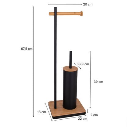 Badeværelsessæt Sort Mat med Bambus: 3L Pedalspand og Toiletbørsteholder med Papirholder