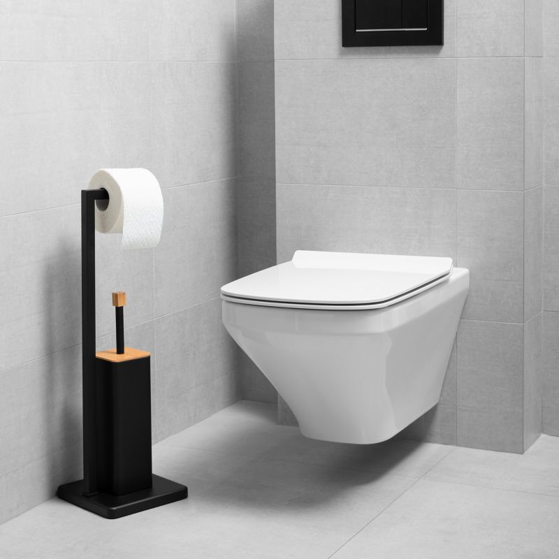 Badeværelsessæt Sort Mat med Bambus: Firkantet 3L Pedalspand og Toiletbørsteholder med Papirholder