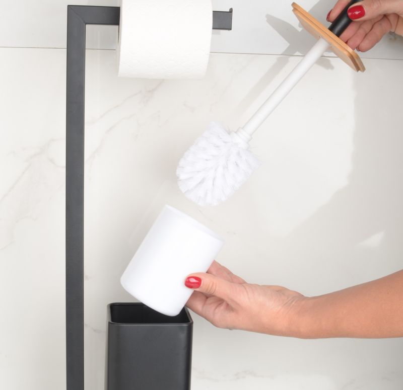 Badeværelsessæt Sort Mat med Bambus: Firkantet 3L Pedalspand og Toiletbørsteholder med Papirholder