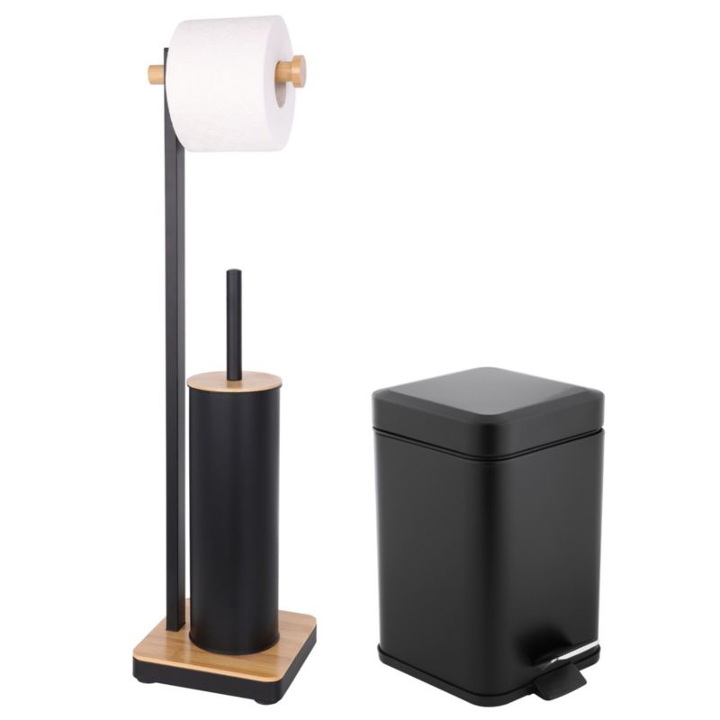 Toiletsæt Sort med Bambus 3L Pedalspand Soft Close og Holder med WC-Børste