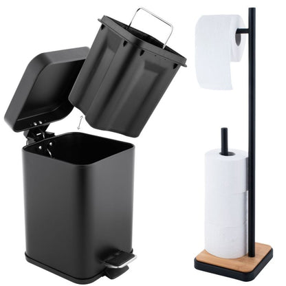 Badeværelsessæt med 3 L Pedalspand og Toiletpapirstativ med Bambus | CH.MUTI-BLK_P.SAGA