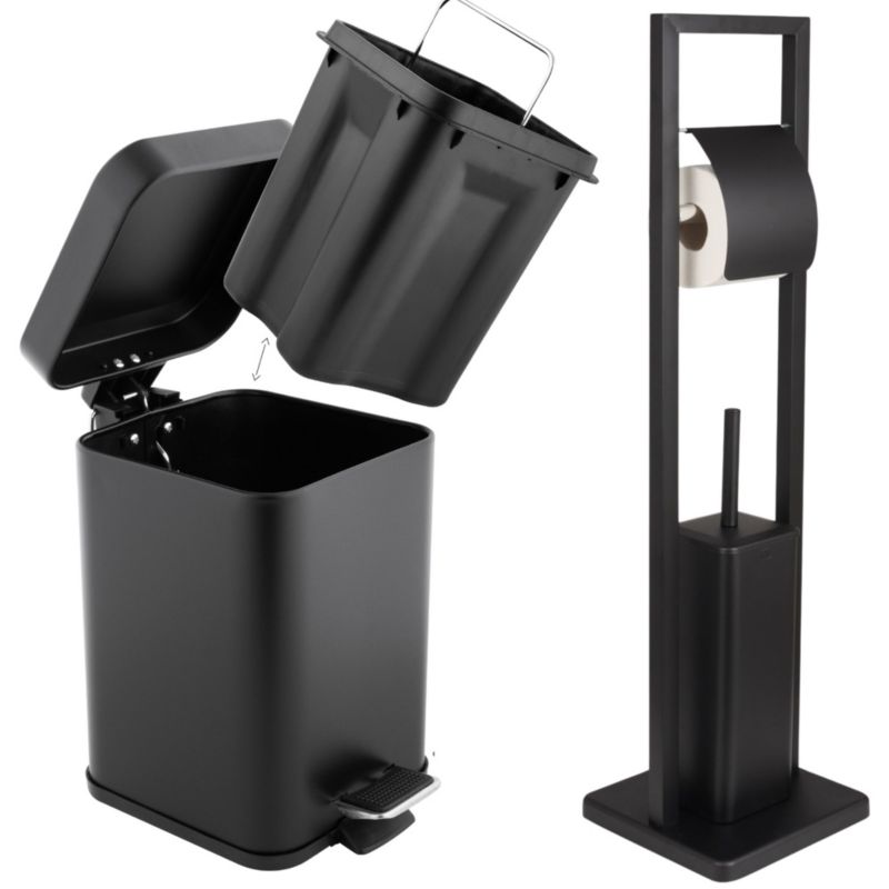 Badeværelsessæt med Toiletbørsteholder, Toiletrulleholder og Pedalspand 3 L Sort