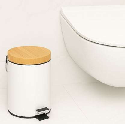Badeværelsessæt med Pedalspand 3 L og Toiletbørste Hvid/Bambus
