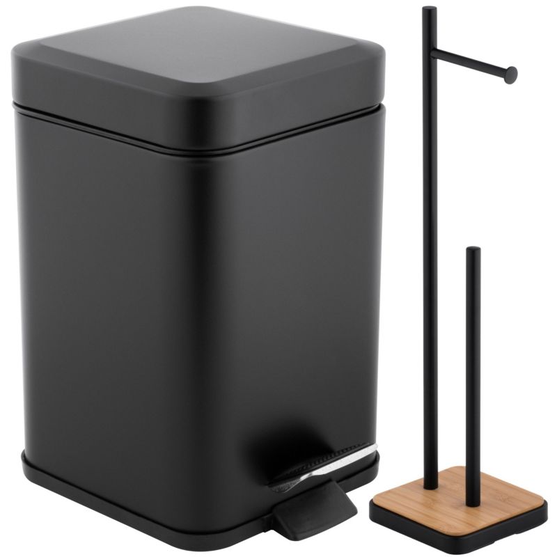 Badeværelsessæt med Pedalspand 3 L og Toiletpapirstativ Sort Bambus