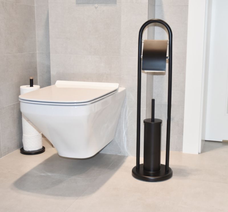Badeværelsessæt 2-i-1 Toiletbørsteholder med Papirholder og Fritstående Reservepapirstativ Sort Mat Stål