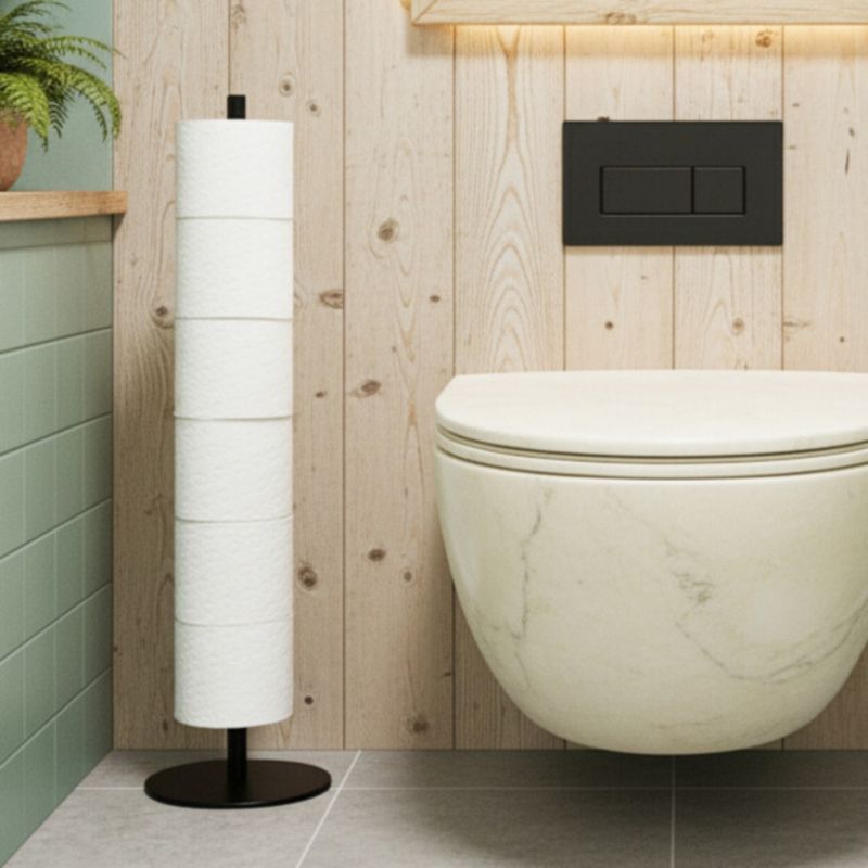 Badeværelsessæt 2-i-1 Toiletbørsteholder med Papirholder og Fritstående Reservepapirstativ Sort Mat Stål