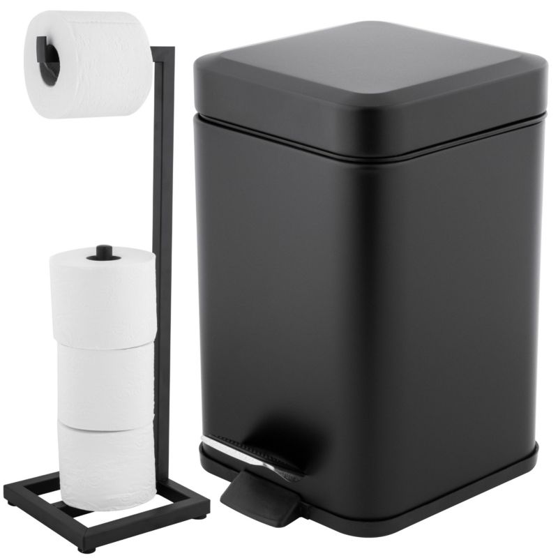 Toiletsæt med Stående Toiletpapirholder og 3L Pedalspand Soft Close Sort Mat
