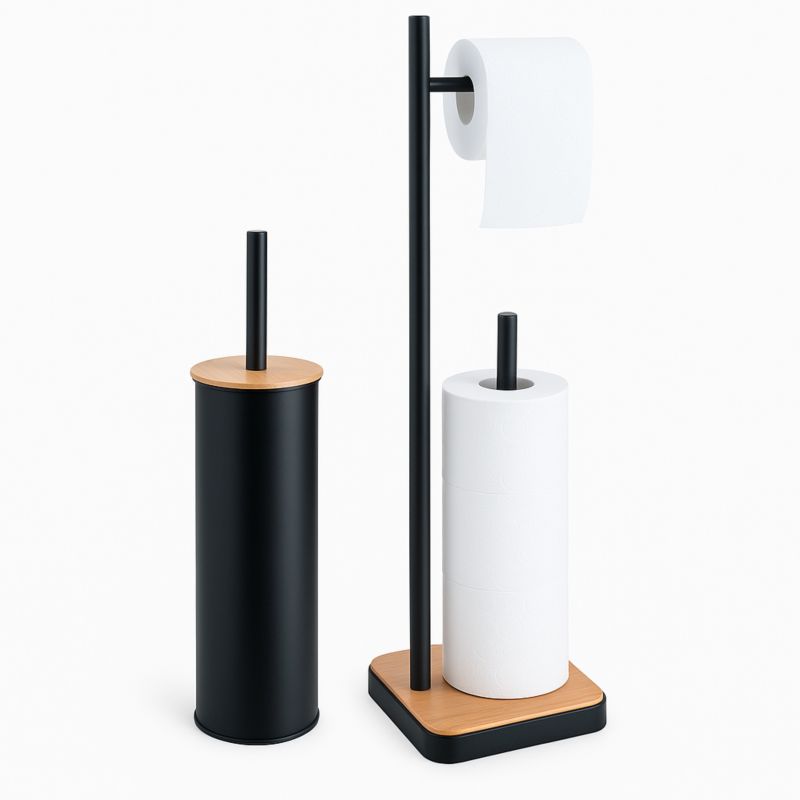 Toiletsæt med Silikonebørste og Toiletpapirholder Sort Bambus