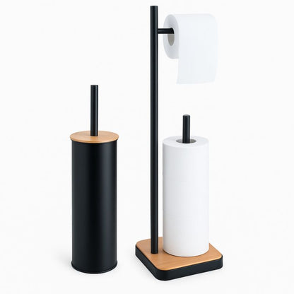 Toiletsæt med Silikonebørste og Toiletpapirholder Sort Bambus