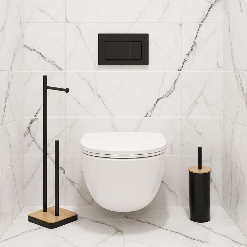 Toiletsæt med Silikonebørste og Toiletpapirholder Sort Bambus