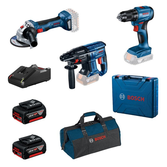 Bosch sæt med skruemaskine GSR 185 + vinkelsliber GWS 180 + hammer GBH 180 2 x 4,0 Ah + taske
