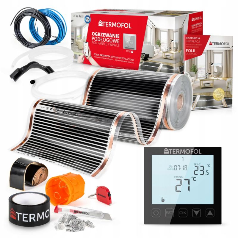Infrarød Varmefolie Sæt 140W 50 cm 8 m² med Termostat TF-H1 Sort