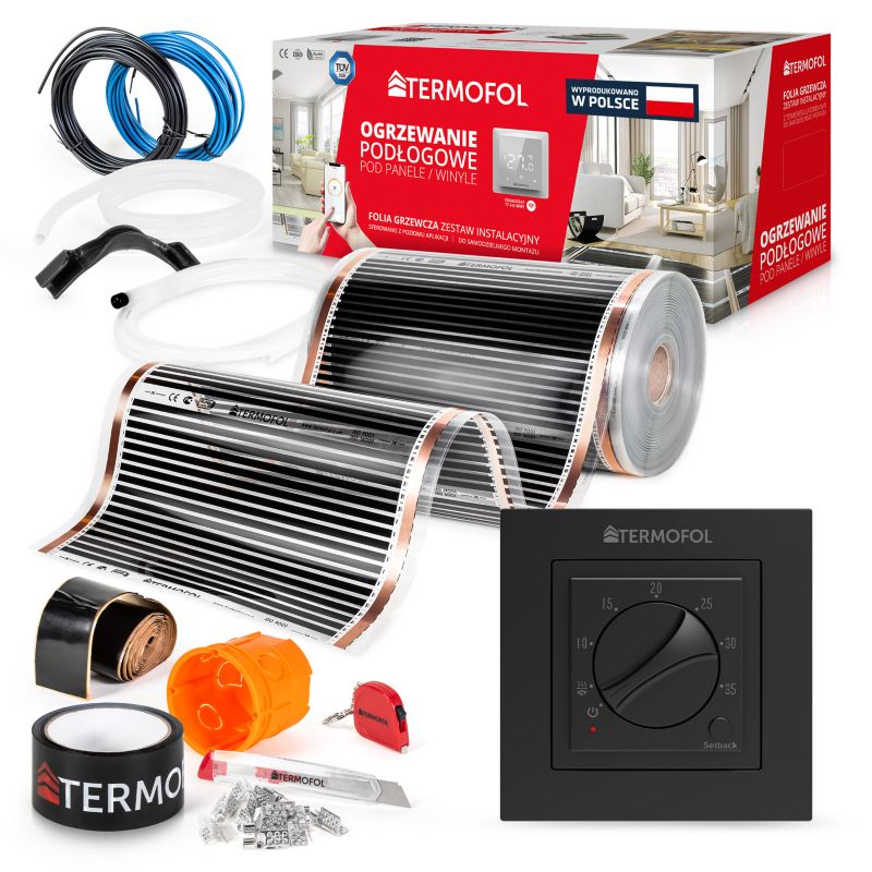 Infrarød Varmefolie Sæt 50 cm 220W 1 m² med TF-H3 Termostat Sort
