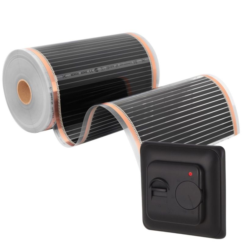 Infrarød Varmefolie Sæt 8 m² 160W 50 cm med Aries Termostat Sort