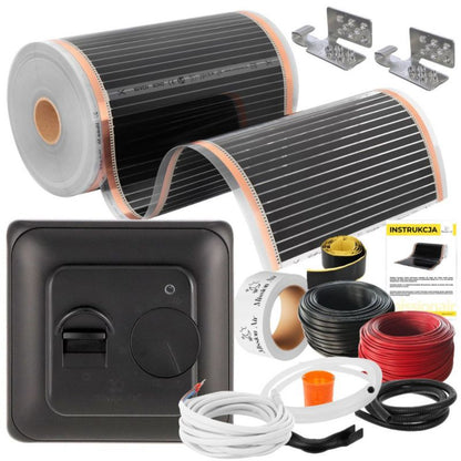Infrarød Varmefolie Sæt 8 m² 160W 50 cm med Aries Termostat Sort
