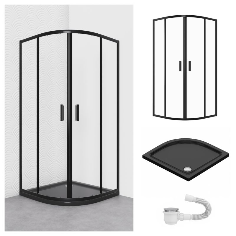 Halvrund Brusekabine med Bundkar 90x90 cm Sort