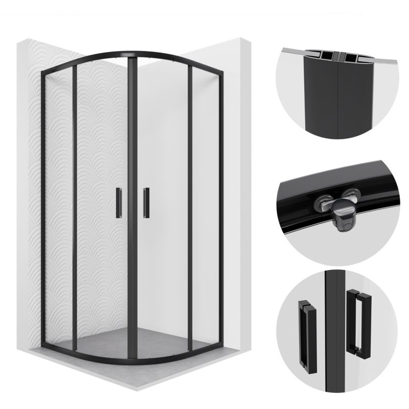Halvrund Brusekabine med Bundkar 90x90 cm Sort