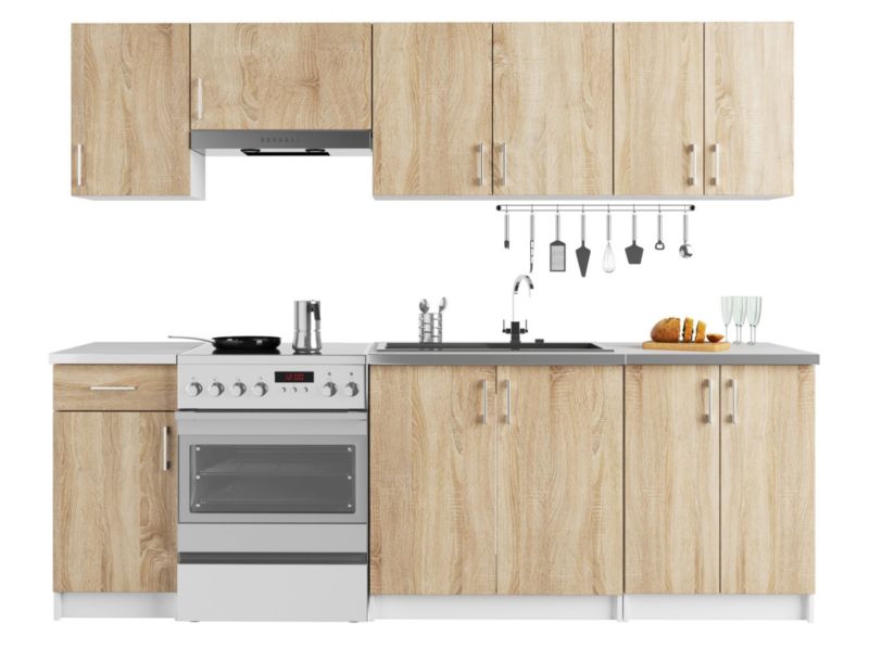 Køkkensæt Akord Lima 2,4 m Hvid 240 cm 11 døre 1 skuffe farve Sonoma Eg mat 12 hylder 240x44,5x203 cm 1 sæt