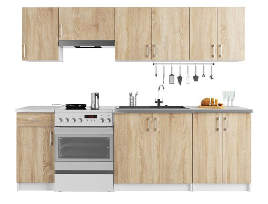 Køkkensæt Akord Lima 2,4 m Hvid 240 cm 11 døre 1 skuffe farve Sonoma Eg mat 12 hylder 240x44,5x203 cm 1 sæt