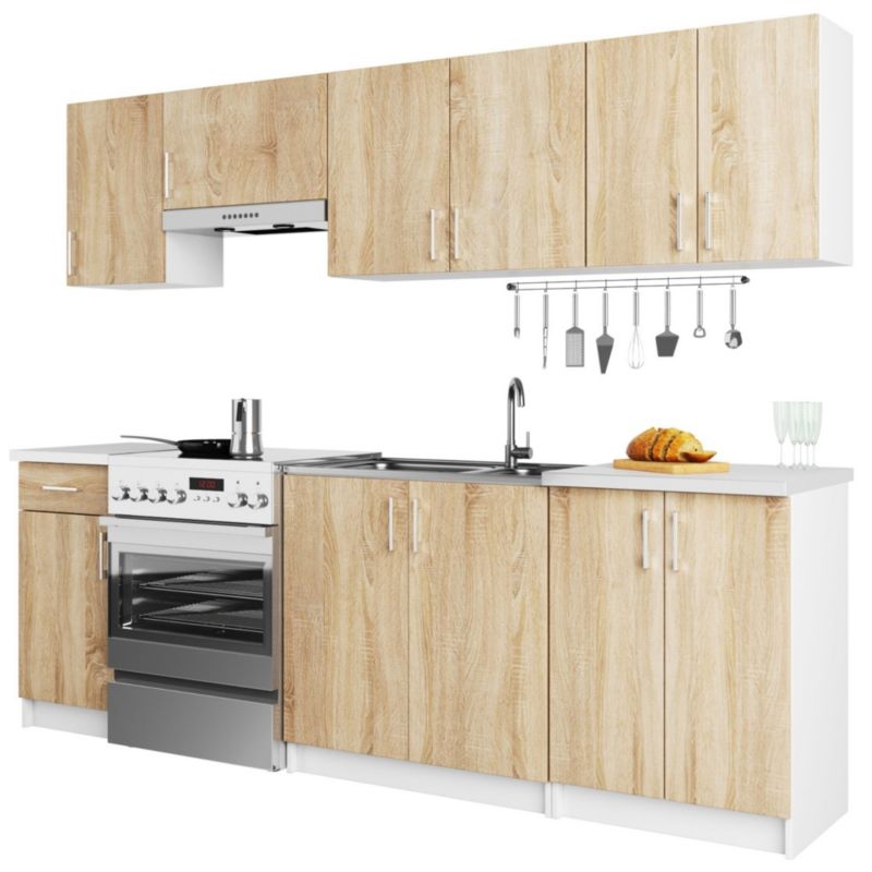Køkkensæt Akord Lima 2,4 m Hvid 240 cm 11 døre 1 skuffe farve Sonoma Eg mat 12 hylder 240x44,5x203 cm 1 sæt