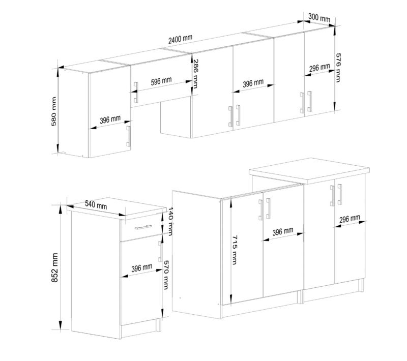 Køkkensæt Akord Lima 2,4 m Hvid 240 cm 11 døre 1 skuffe farve Sonoma Eg mat 12 hylder 240x44,5x203 cm 1 sæt