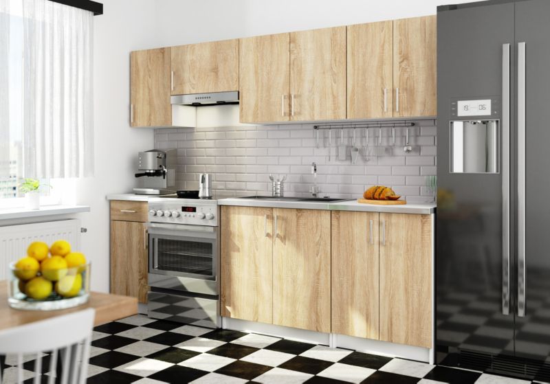 Køkkensæt Akord Lima 2,4 m Hvid 240 cm 11 døre 1 skuffe farve Sonoma Eg mat 12 hylder 240x44,5x203 cm 1 sæt