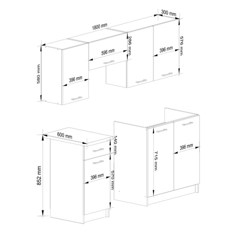 Køkkensæt Akord Oliwia 1,8 m Hvid 180 cm 7 døre 1 skuffe mat-hvid finish 8 hylder 180x46x203 cm 1 sæt