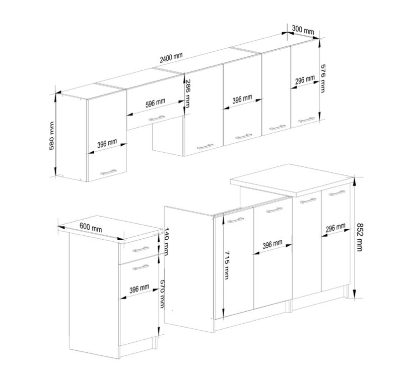 Akord Oliwia køkkensæt 2,4 m hvid 240 cm 11 døre 1 skuffe mat-hvid finish 12 hylder 240x46x203 cm 1 sæt