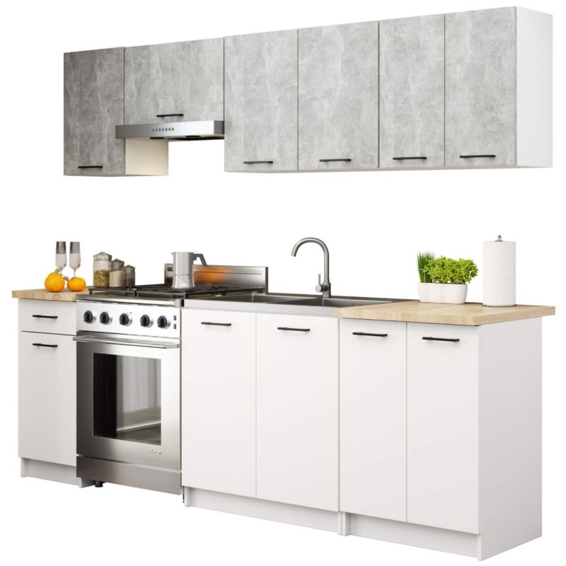 Køkkensæt Akord Oliwia 2,4 m Grå Beton 240 cm 11 døre 1 skuffe Hvid mat 12 hylder 240x46x203 cm 1 sæt