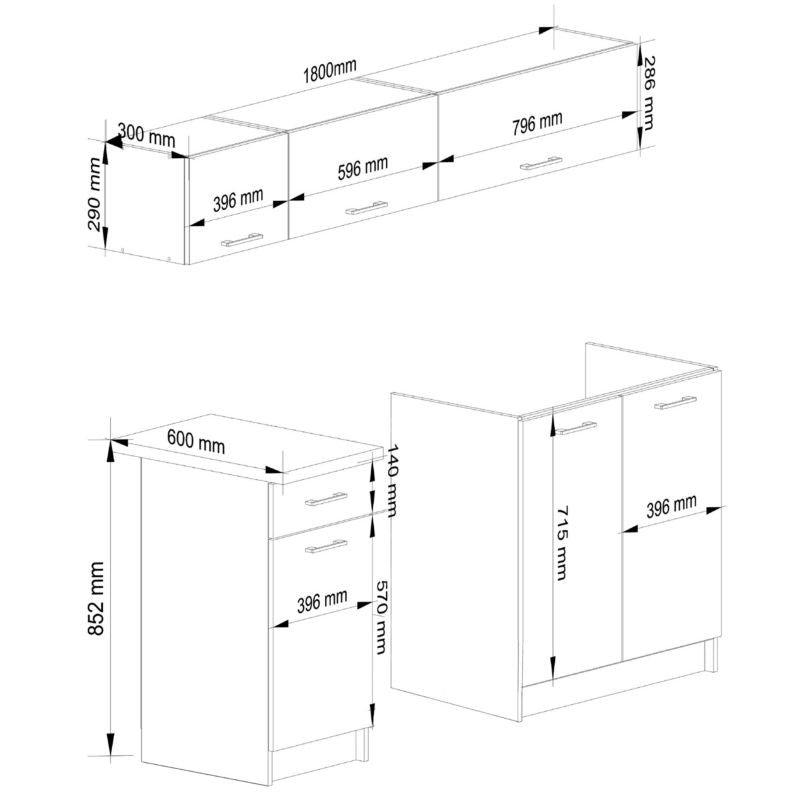 Akord Oliwia G1 køkkensæt 1,8 m hvid mat 180 x 46 x 174 cm 6 døre 1 skuffe 6 hylder