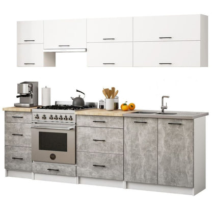 Køkkensæt Akord Oliwia G2 2,4 m Hvid 240 cm 10 døre 6 skuffer Beton mat farve 9 hylder 240x46x203 cm 1 sæt