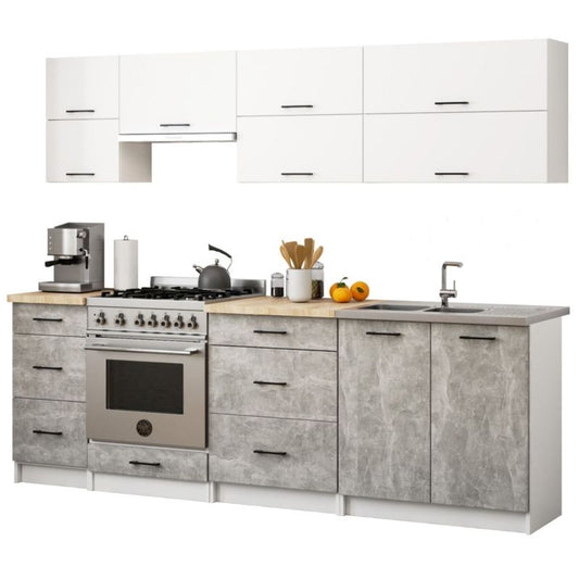 Køkkensæt Akord Oliwia G2 2,4 m Hvid 240 cm 10 døre 6 skuffer Beton mat farve 9 hylder 240x46x203 cm 1 sæt
