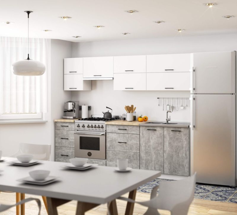Køkkensæt Akord Oliwia G2 2,4 m Hvid 240 cm 10 døre 6 skuffer Beton mat farve 9 hylder 240x46x203 cm 1 sæt