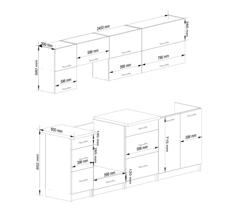 Køkkensæt Akord Oliwia G2 2,4 m Hvid 240 cm 10 døre 6 skuffer Beton mat farve 9 hylder 240x46x203 cm 1 sæt